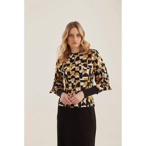 NEW BEAT geometric patterned long sleeve top in black/beige